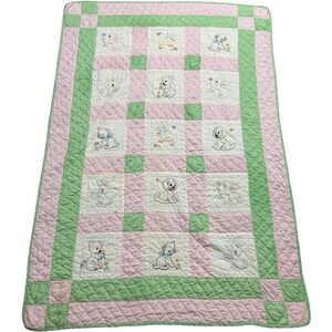 Hand Embroidered Hand Quilted 15‎ Squares Animals Pink Green Gingham 67 X 44"
